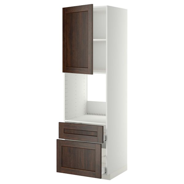 Высокий шкаф для духовки + дверца, 2 фронтальные панели, 1 средняя, 1 встроенный ящ, белый/Эдсерум коричневый 60x60x200 см IKEA - фото 1