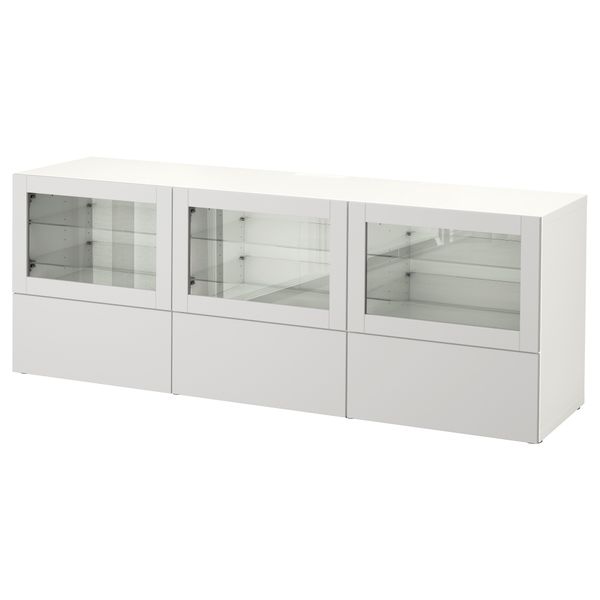 Тумба под ТВ, с дверцами и ящиками БЕСТО, белый Синдвик, Лаппвикен светло-серый прозрачное стекло (180x40x64 см) - фото 1