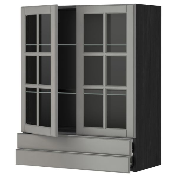 Навесной шкаф, 2 стеклянные дверцы, 2 ящика МЕТОД / ФОРВАРА, черный, Будбин серый - фото 1