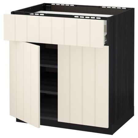 Напольный шкаф для варочной панели, ящик, полка, 2 дверцы МЕТОД / ФОРВАРА, черный, Хитарп белый с оттенком (80x60 см)