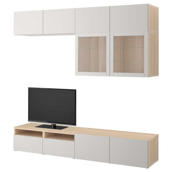 Шкаф для ТВ, комбинированный, стекляные дверцы БЕСТО, под беленый дуб Лаппвикен, Синдвик светло-серый прозрачное стекло - фото 1