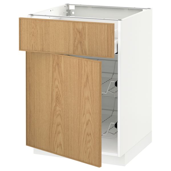 Напольный шкаф с проволочной корзиной, ящиком, дверью МЕТОД / МАКСИМЕРА, белый, Экестад дуб - схема-чертеж с размерами