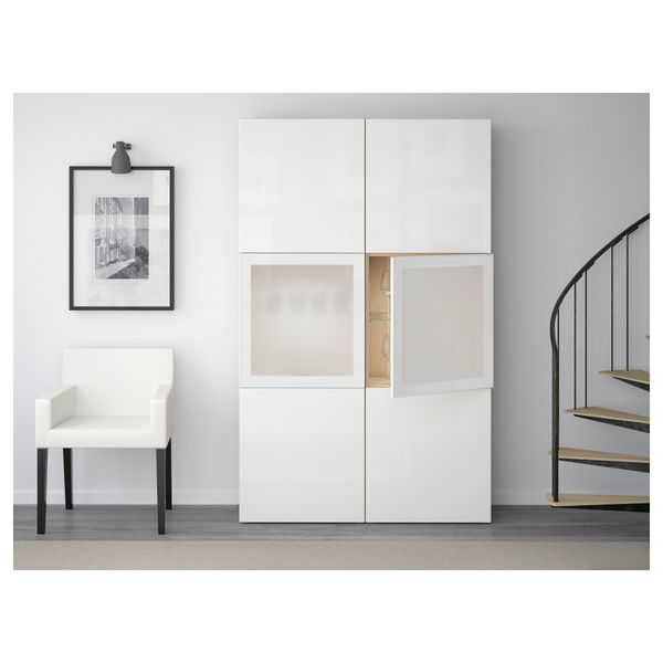 Комбинация для хранения со стеклянными дверцами БЕСТО, под беленый дуб, Сельсвикен глянцевый/белый матовое стекло (120x40x192 - фото 2