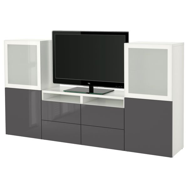 Шкаф для ТВ, комбинированный, стекляные дверцы БЕСТО, белый, Сельсвикен глянцевый/серый матовое стекло (240x40x128 см) - фото 1