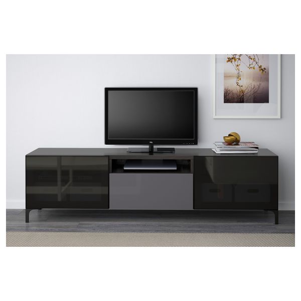 Тумба под ТВ БЕСТО, черно-коричневый, Сельсвикен глянцевый/серый дымчатое стекло (180x40x48 см) - фото 2