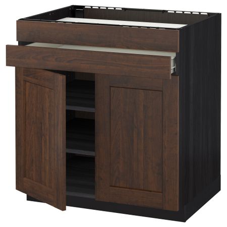 Напольный шкаф для варочной панели, 2 ящика, 2 фасада, 1 ящик МЕТОД / ФОРВАРА, черный, Эдсерум коричневый (80x60 см)