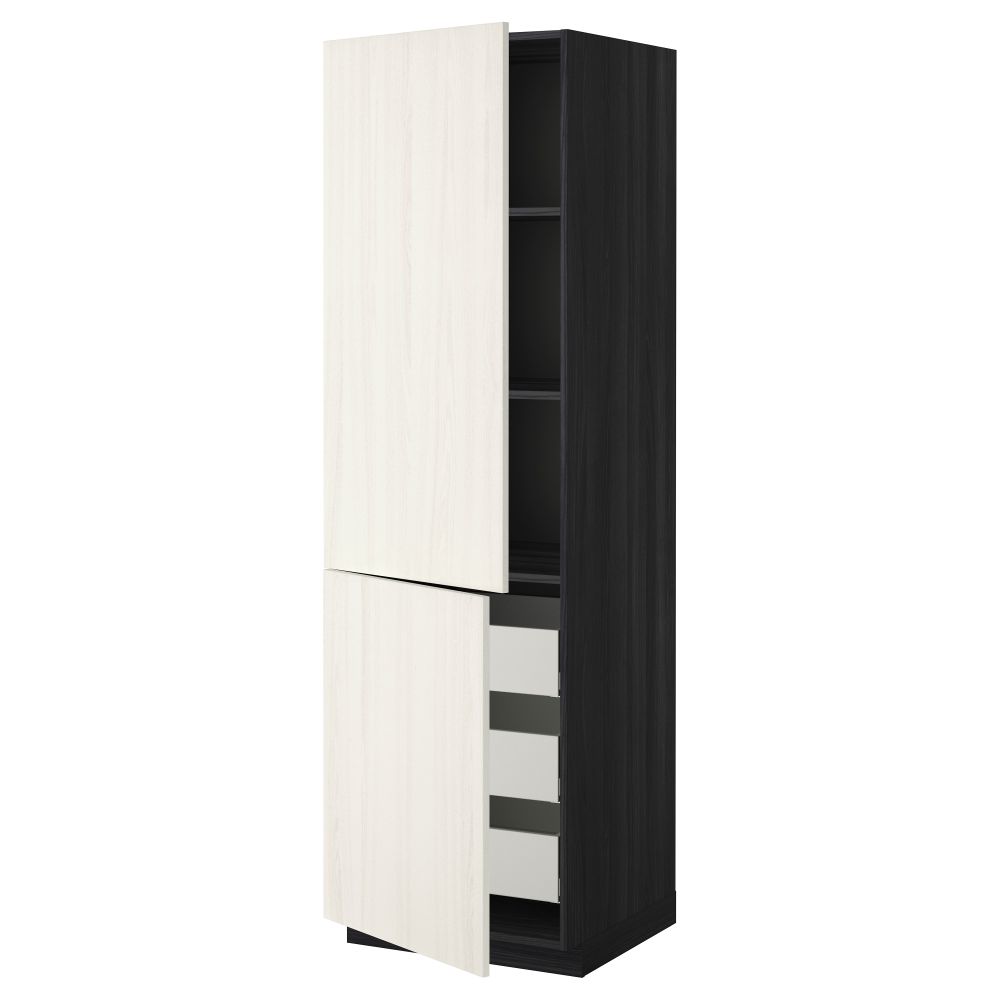 Высокий шкаф + полки, 3 ящика, 2 дверцы МЕТОД / МАКСИМЕРА, черный, Росдаль белый - схема-чертеж с размерами