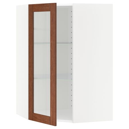 Угловой навесной шкаф с полками, стекляными дверцами МЕТОД, белый, Филипстад коричневый