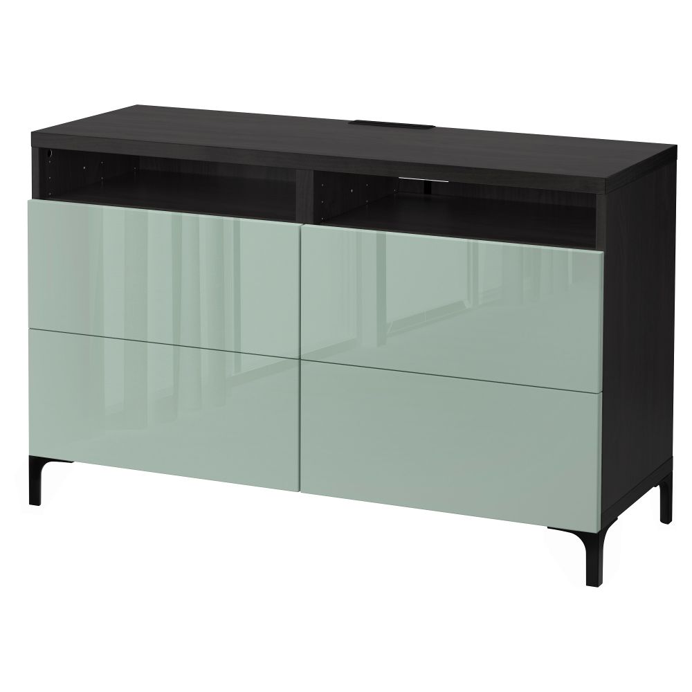 Тумба для ТВ с ящиками БЕСТО, черно-коричневый, Сельсвикен глянцевый/серо-зеленый светлый (120x40x74 см) - фото 1