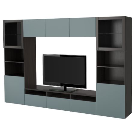 Шкаф для ТВ, комбинированный, стекляные дверцы БЕСТО, черно-коричневый, Вальвикен серо-бирюзовый, прозрачное стекло (300x40x192