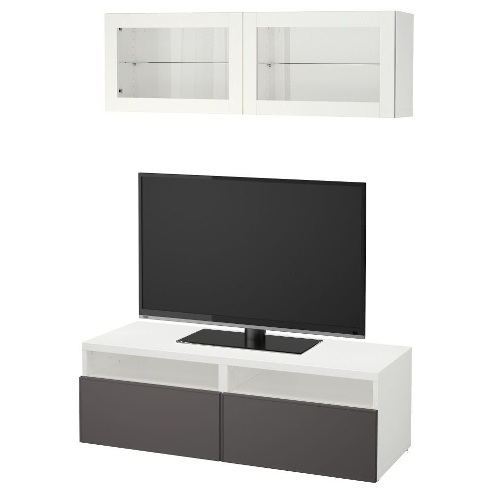 Шкаф для ТВ, комбинированный, стекляные дверцы БЕСТО, белый Грундсвикен, темно-серый прозрачное стекло (120x20/40x166 см) - фото 1