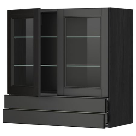 Навесной шкаф, 2 стеклянные дверцы, 2 ящика МЕТОД / МАКСИМЕРА, черный, Лаксарби черно-коричневый