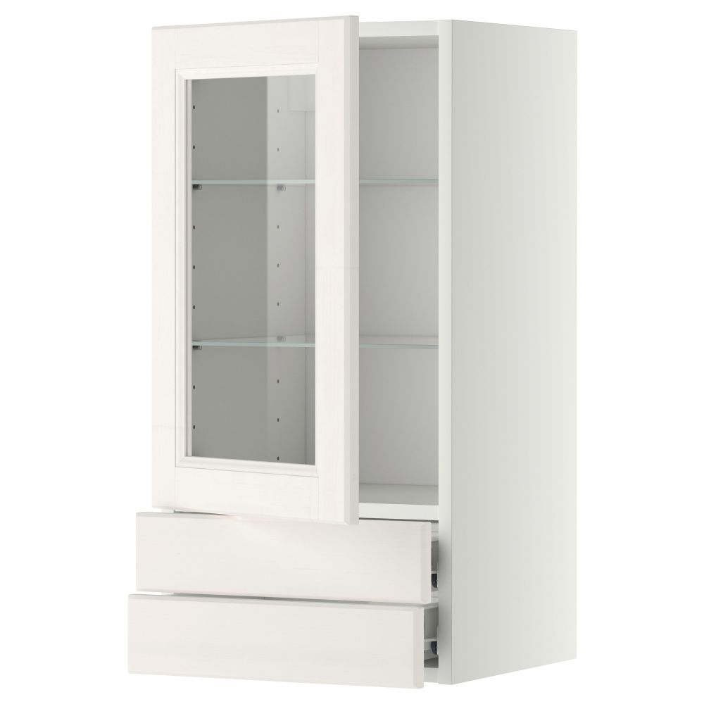 Навесной шкаф, стеклянная дверца, 2 ящика МЕТОД / ФОРВАРА, белый, Лаксарби белый - фото 1