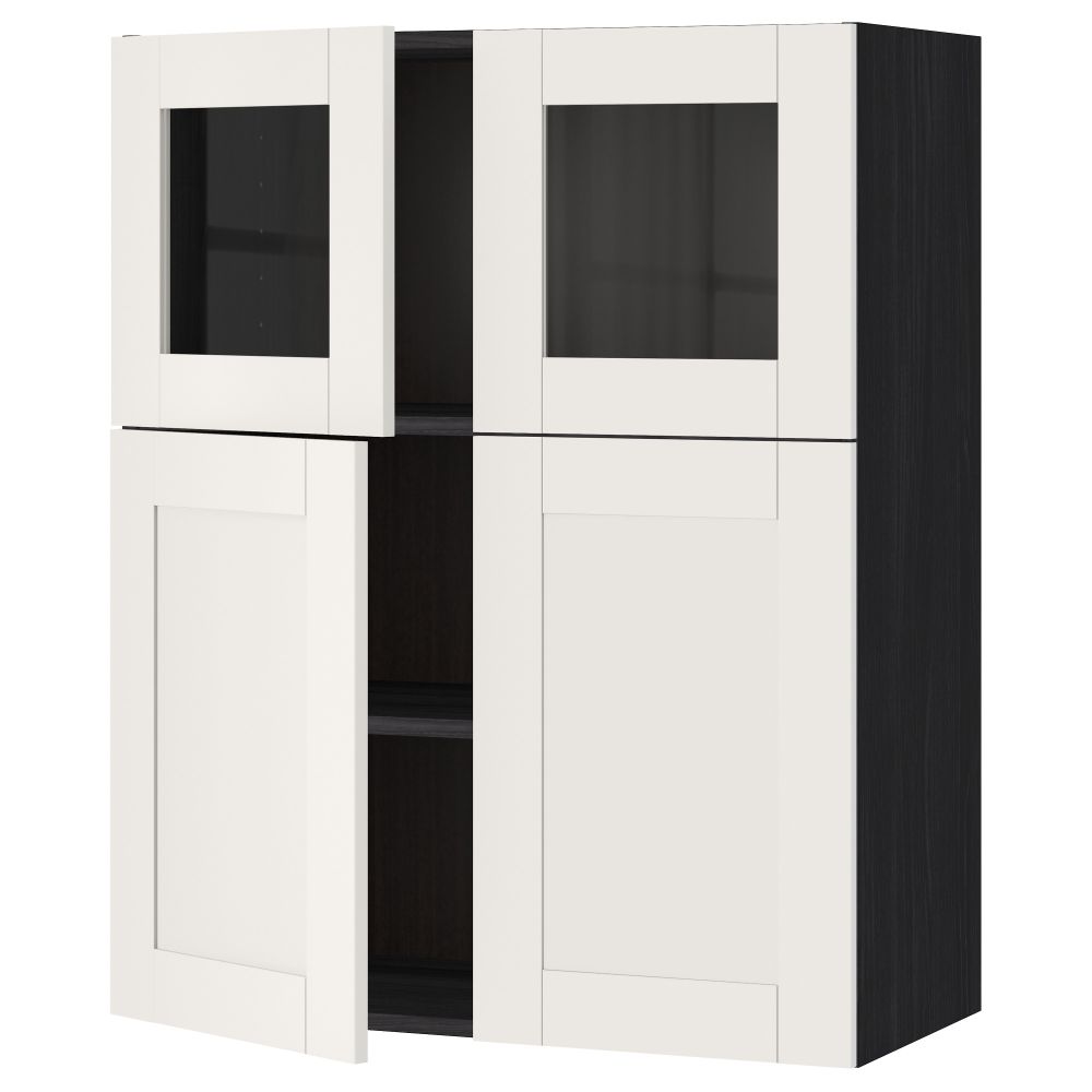 Навесной шкаф, полки, 2 двери, 2 стеклянные дверцы МЕТОД, черный, Сэведаль белый (80x100 см) - схема-чертеж с размерами