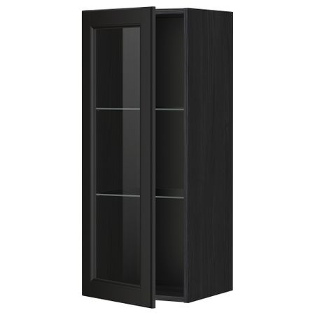 Навесной шкаф с полками, стекляными дверцы МЕТОД, черный, Лаксарби черно-коричневый