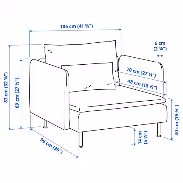 SÖDERHAMN Кресло - Viarp бежевый - схема-чертеж с размерами
