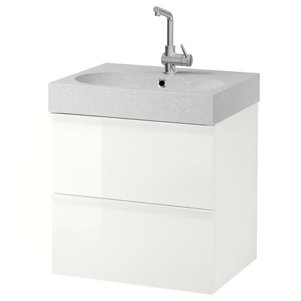 Шкаф для раковины с 2 ящиками ГОДМОРГОН / БРОВИКЕН, глянцевый белый, светло-серый (60x49x68 см) - фото 1