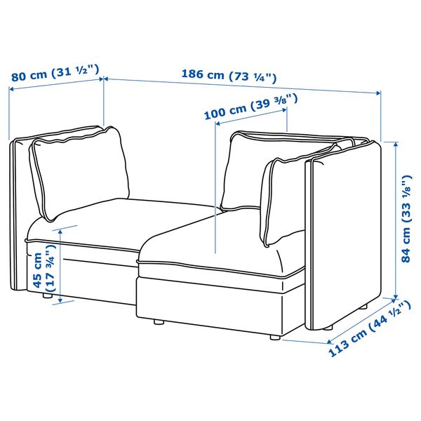 2-местный модульный диван ВАЛЛЕНТУНА, Хилларед с отделением для хранения, Хилларед темно-серый - схема-чертеж с размерами