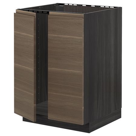 Напольный шкаф для раковины + 2 двери, черный/Воксторп под грецкий орех 60x60 см IKEA МЕТОД 493.028.45