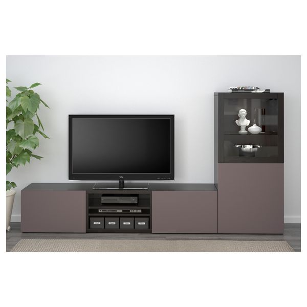 Шкаф для ТВ, комбинированный, стекляные дверцы БЕСТО, черно-коричневый, Вальвикен темно-коричневый, прозрачное стекло - фото 2