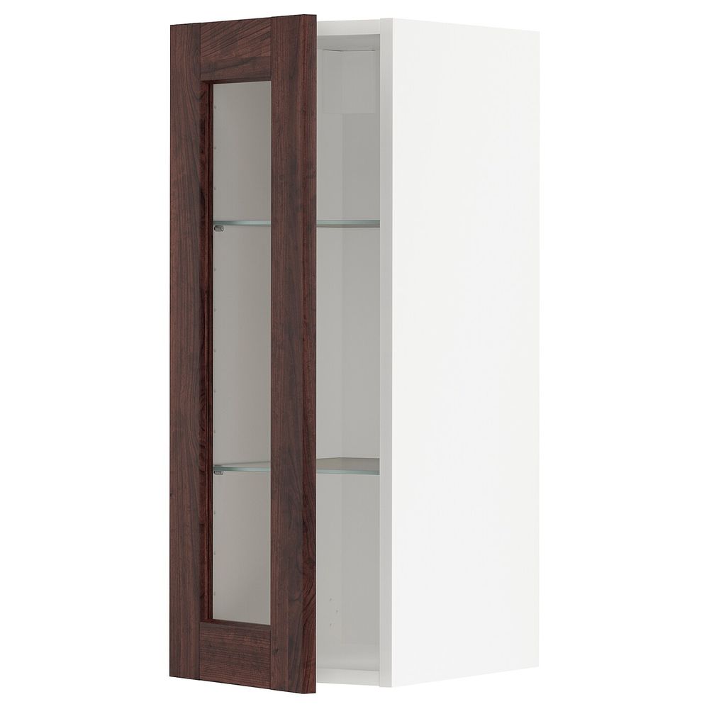 Навесной шкаф/полки/стеклян дверца, белый/Эдсерум коричневый 30x80 см IKEA METOD МЕТОД 994.460.02 - фото 1