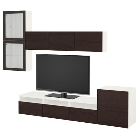 Шкаф для ТВ, комбинированный, стекляные дверцы БЕСТО, белый Синдвик, Инвикен черно-коричневый прозрачное стекло (300x20/40x211