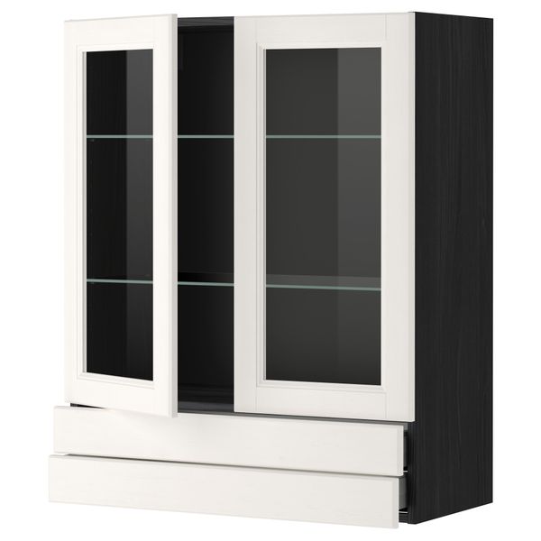 Навесной шкаф, 2 стеклянные дверцы, 2 ящика МЕТОД / МАКСИМЕРА, черный, Лаксарби белый - фото 1
