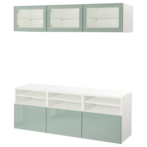 Шкаф для ТВ, комбинированный, стекляные дверцы, белый Сельсвикен, глянцевый/серо-зеленый светлый прозрачное стекло, 180x40x192 - фото 1