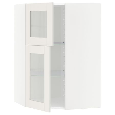 Угловой навесной шкаф + полки, 2 стеклянные дверцы МЕТОД, белый, Сэведаль белый (68x100 см)