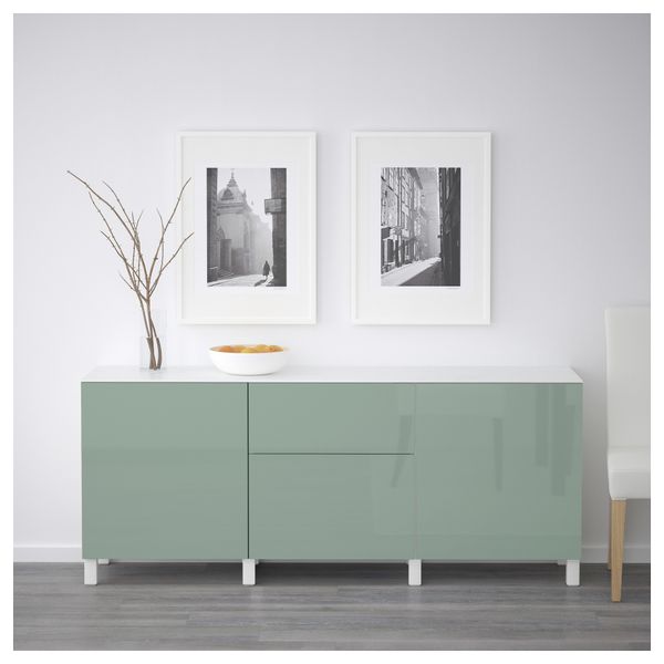 Комбинация для хранения с дверцами, ящиками БЕСТО, белый, Сельсвикен глянцевый/серо-зеленый светлый (180x42x74 см) - схема-чертеж с размерами