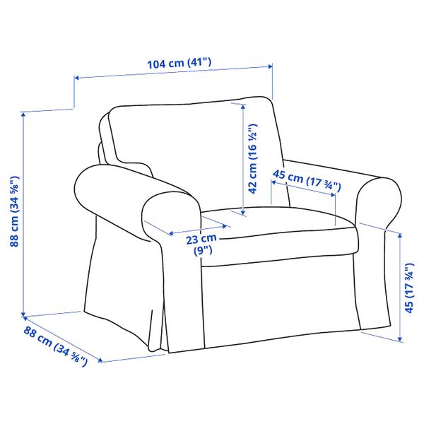 Кресло, реммарн светло-серый IKEA EKTORP ЭКТОРП 194.194.32 - схема-чертеж с размерами