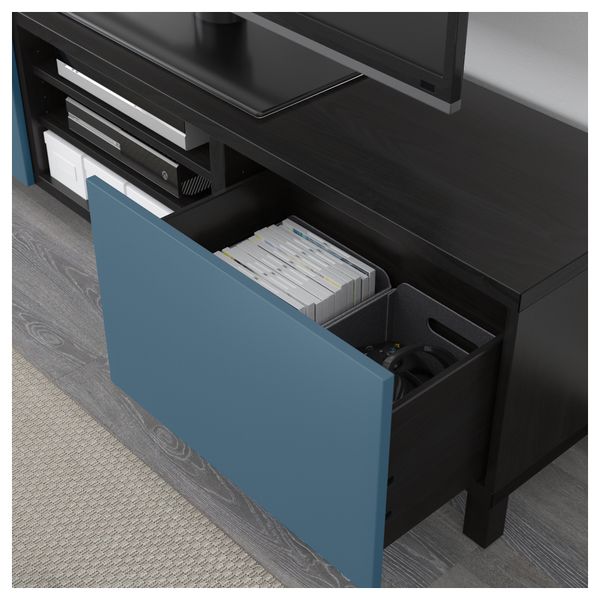 Тумба для ТВ с ящиками БЕСТО, черно-коричневый, Вальвикен темно-синий (180x40x48 см) - фото 3
