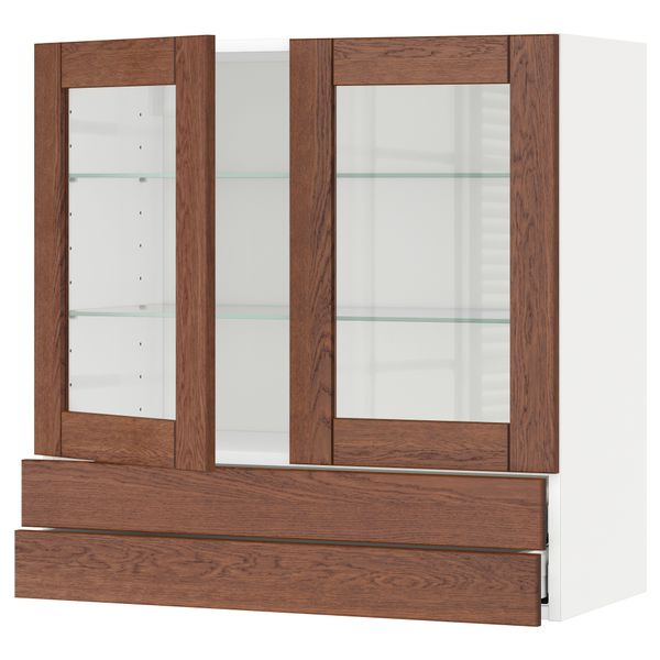 Навесной шкаф, 2 стеклянные дверцы, 2 ящика МЕТОД / МАКСИМЕРА, белый, Филипстад коричневый - схема-чертеж с размерами