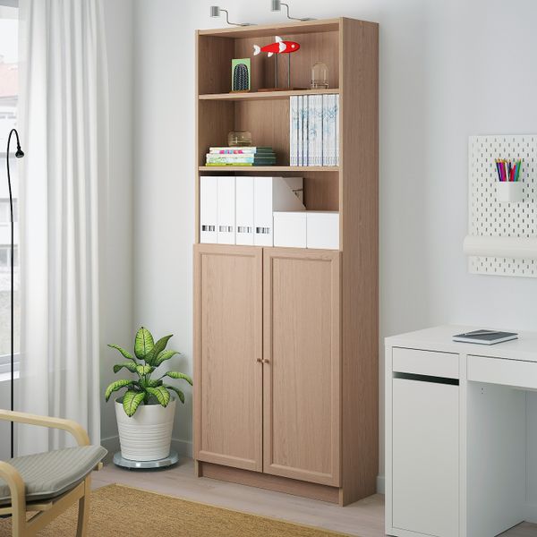 Стеллаж с дверьми, дубовый шпон, беленый 80x30x202 см IKEA BILLY БИЛЛИ / OXBERG ОКСБЕРГ 492.810.65 - фото 3