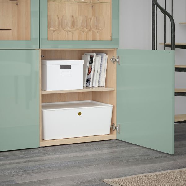 Комбинация для хранения + стеклянная дверц, под беленый дуб Сельсвикен, глянцевый/серо-зеленый светлый прозрачное стекло, - схема-чертеж с размерами