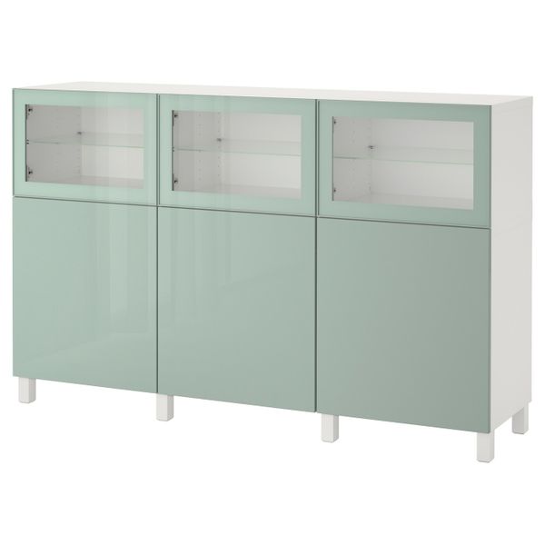 Комбинация для хранения с дверцами, белый Сельсвикен, глянцевый/серо-зеленый светлый прозрачное стекло, 180x42x112 см IKEA БЕСТО - схема-чертеж с размерами