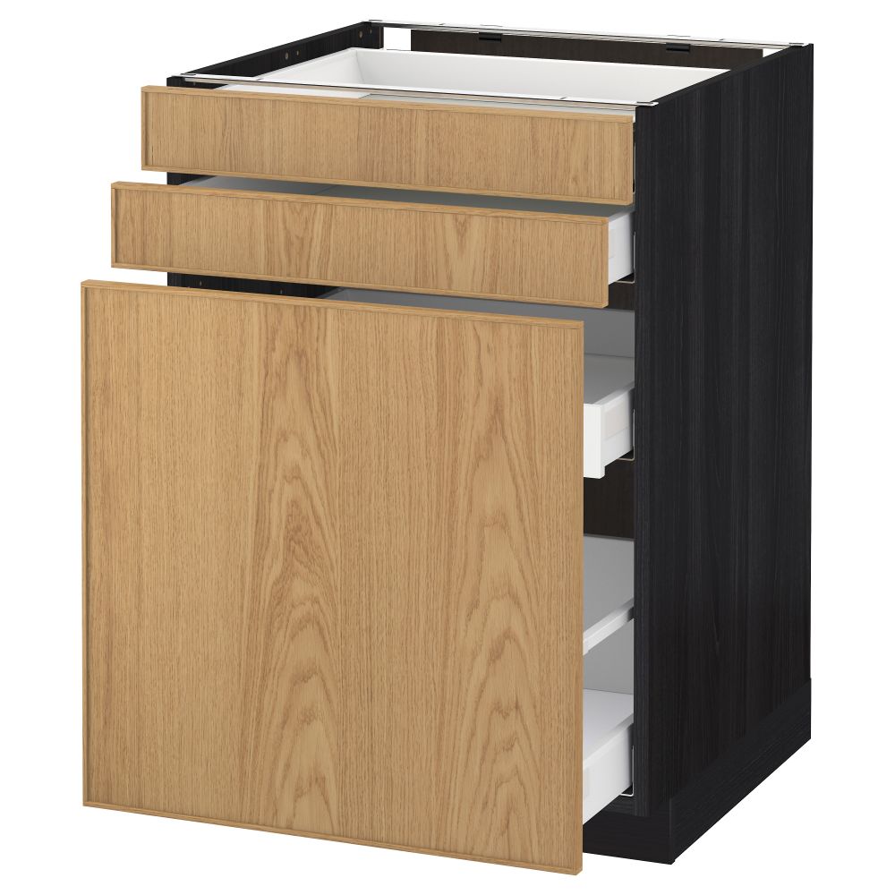 Напольный шкаф с выдвижными модулями, 2 фронтальные панели МЕТОД / МАКСИМЕРА, черный, Экестад дуб - схема-чертеж с размерами