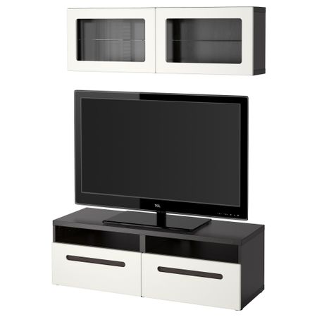 Шкаф для ТВ, комбинированный, стекляные дверцы БЕСТО, черно-коричневый, Марвикен белый прозрачное стекло (120x20/40x166 см)