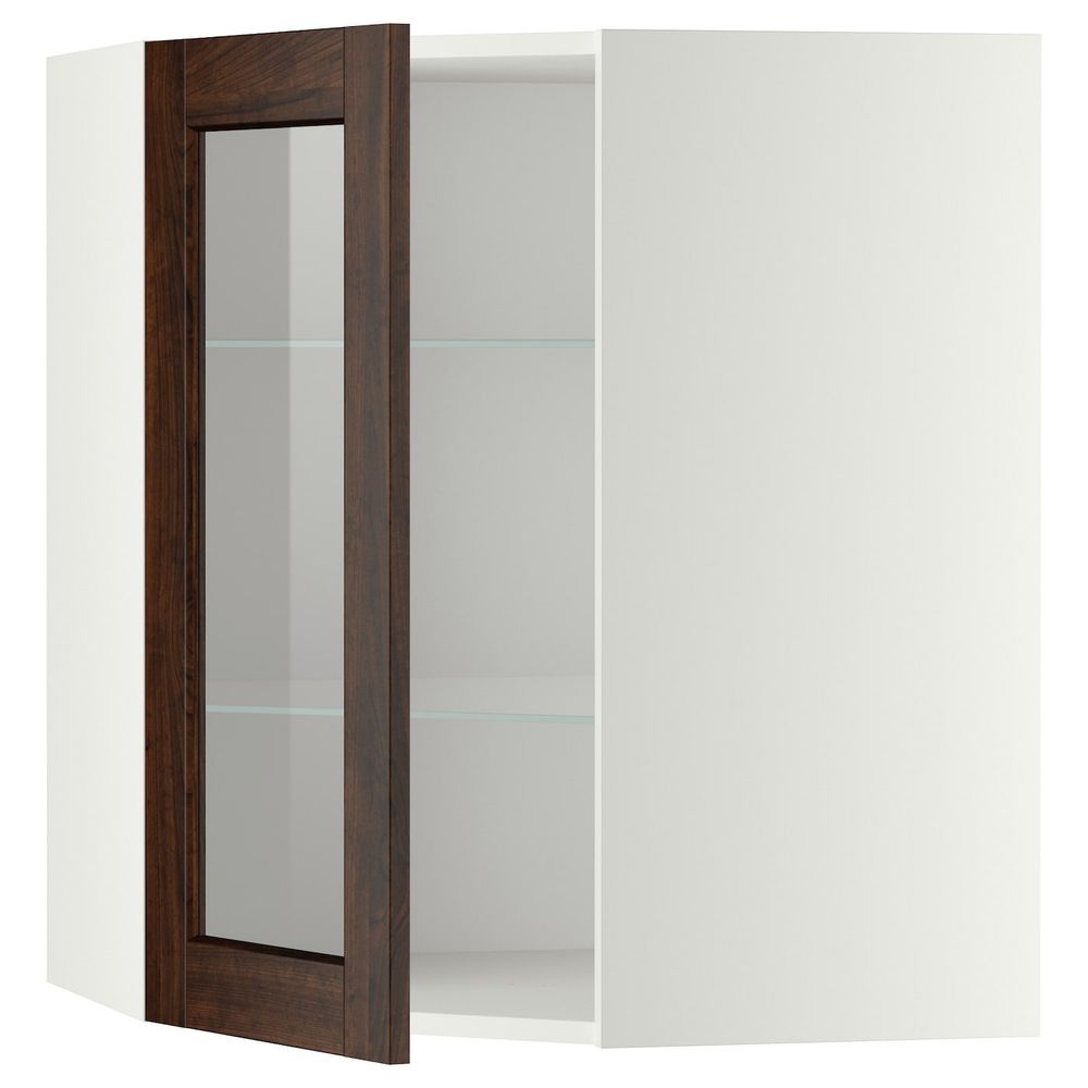 Угловой навесной шкаф с полками, стекляными дв, белый/Эдсерум коричневый 68x80 см IKEA METOD МЕТОД 892.266.18 - фото 1