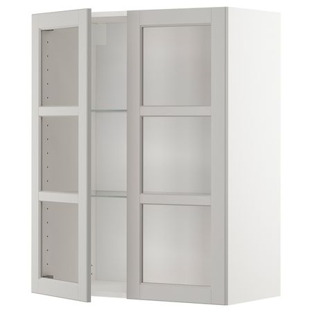 Навесной шкаф с полками, 2 стекло дв, белый/Лерхюттан светло-серый 80x100 см IKEA METOD МЕТОД 792.727.62