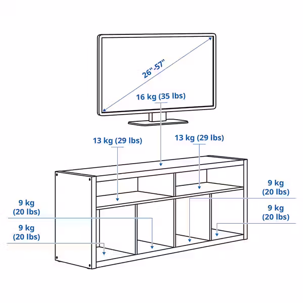 KALLAX Тумба под ТВ - белый 147x60 см - схема-чертеж с размерами