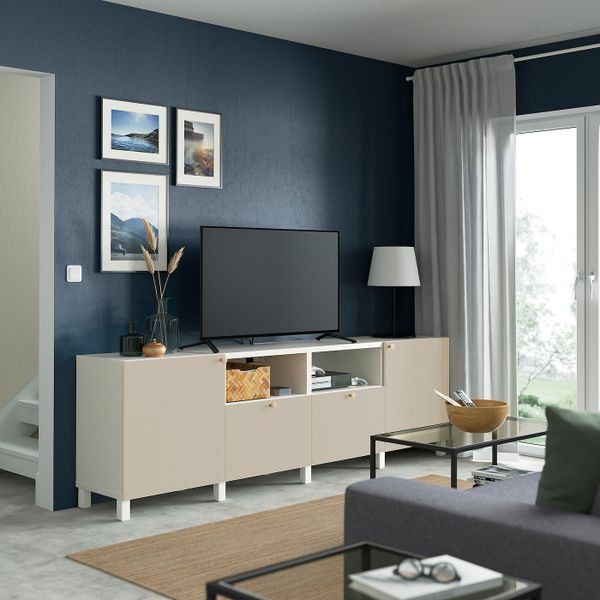 Тумба под ТВ, с дверцами и ящиками, белый/Лаппвик/стуббарп светло-серый/бежевый 240x42x74 см IKEA BESTÅ БЕСТО 694.364.53 - фото 3