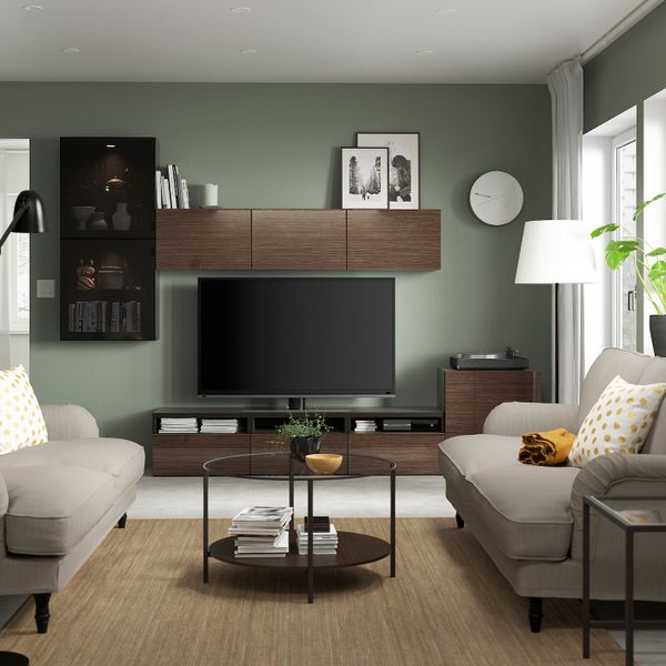 Шкаф для ТВ, комбинированный, стекляные дверцы, черно-коричневый/Сельсвикен глянцевый, коричневый дымчат стекло 300x42x211 см - фото 3