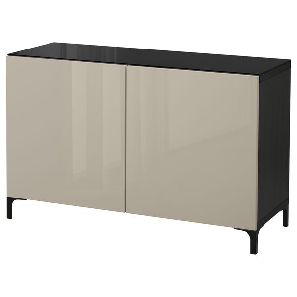 Комбинация для хранения с дверцами БЕСТО, черно-коричневый, Сельсвикен глянцевый/бежевый (120x40x74 см) - фото 1