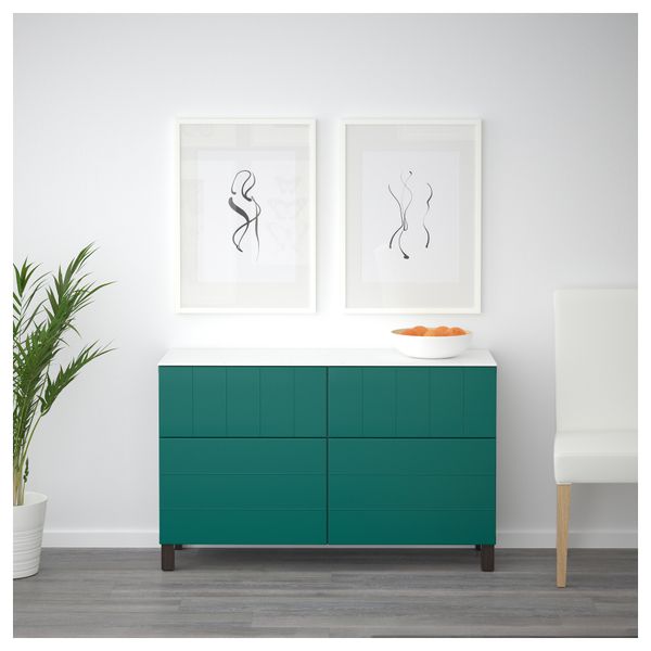 Комбинация для хранения с дверцами, ящиками БЕСТО, черно-коричневый, Халлставик сине-зеленый (120x42x74 см) - схема-чертеж с размерами