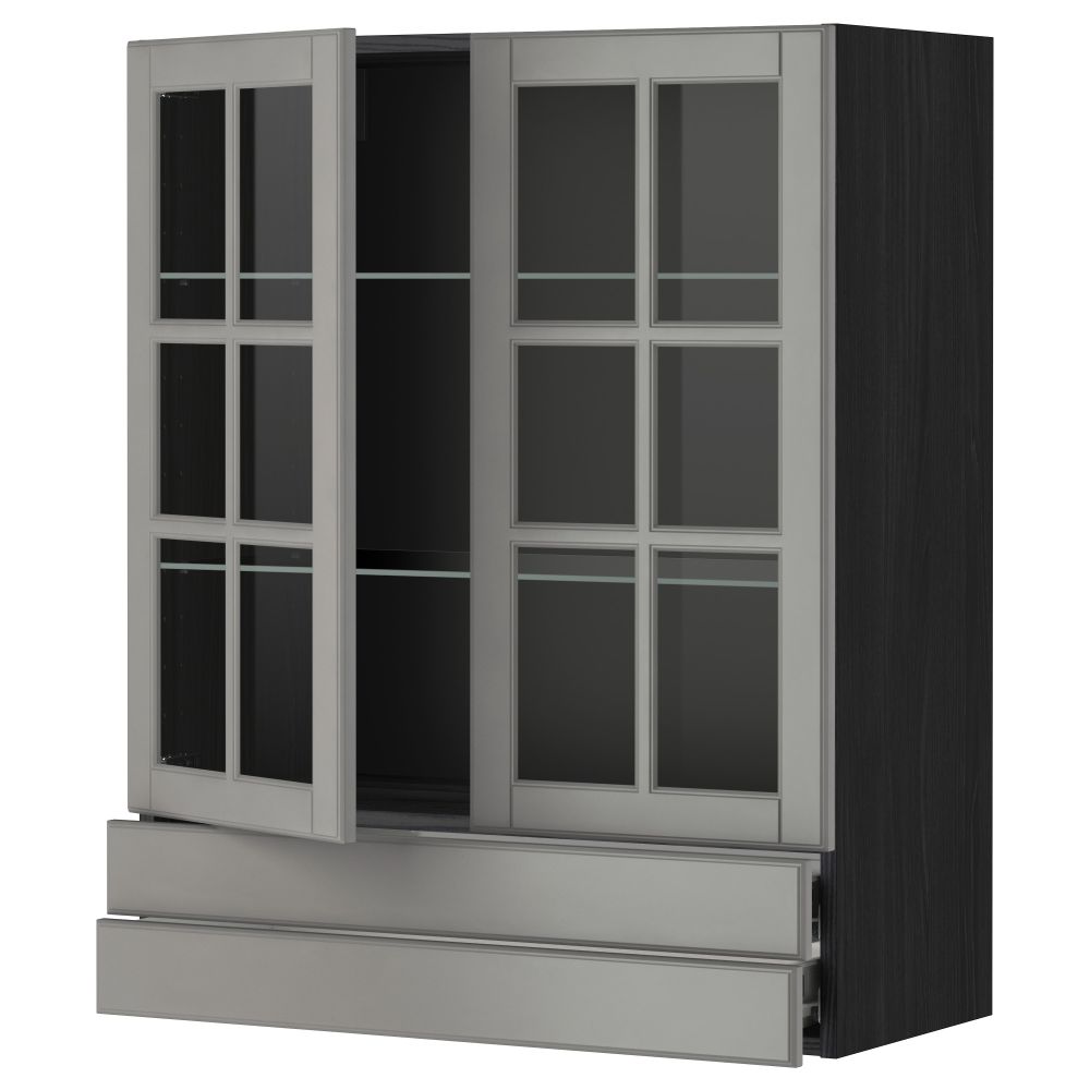 Навесной шкаф, 2 стеклянные дверцы, 2 ящика МЕТОД / ФОРВАРА, черный, Будбин серый - фото 1