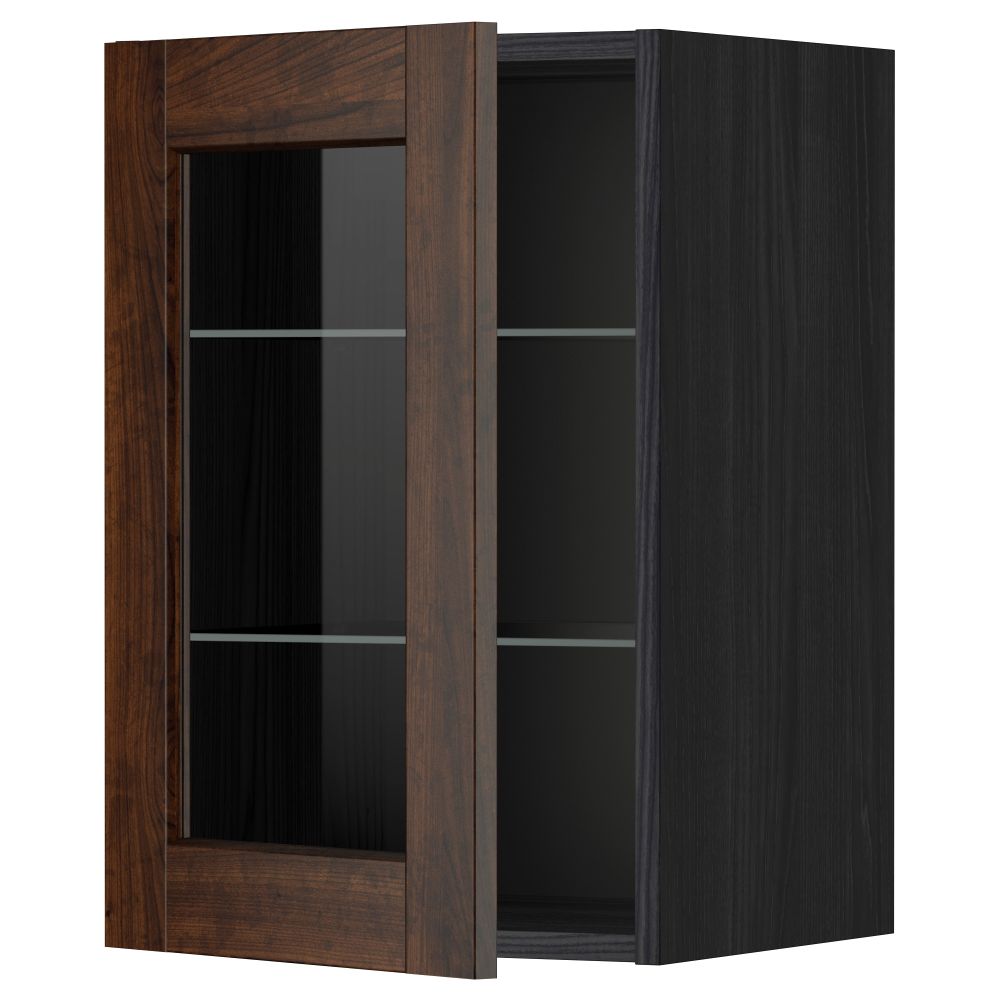 Навесной шкаф с полками, стекляными дверцы МЕТОД, черный, Эдсерум коричневый - схема-чертеж с размерами