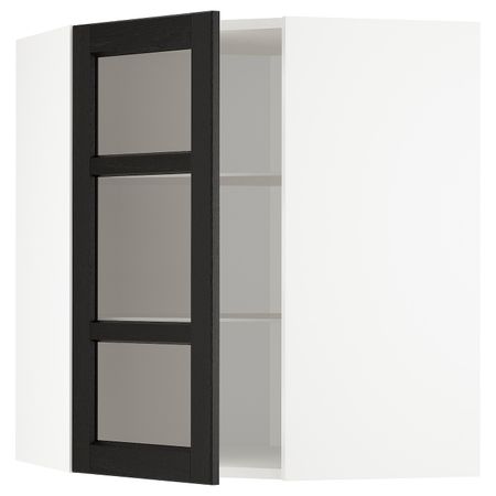 Угловой навесной шкаф с полками, стекляными дв, белый/Лерхюттан черная морилка 68x80 см IKEA METOD МЕТОД 492.581.40