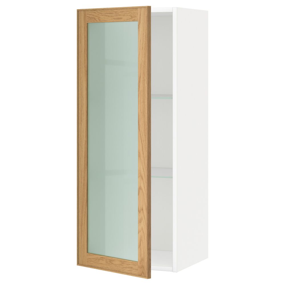 Навесной шкаф с полками, стекляными дверцы МЕТОД, белый, Экестад дуб - схема-чертеж с размерами