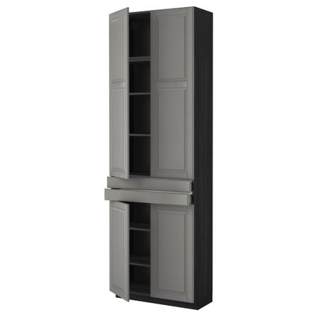Высокий шкаф + полки, 2 ящика, 4 дверцы МЕТОД / МАКСИМЕРА, черный, Будбин серый (80x37x240 см)